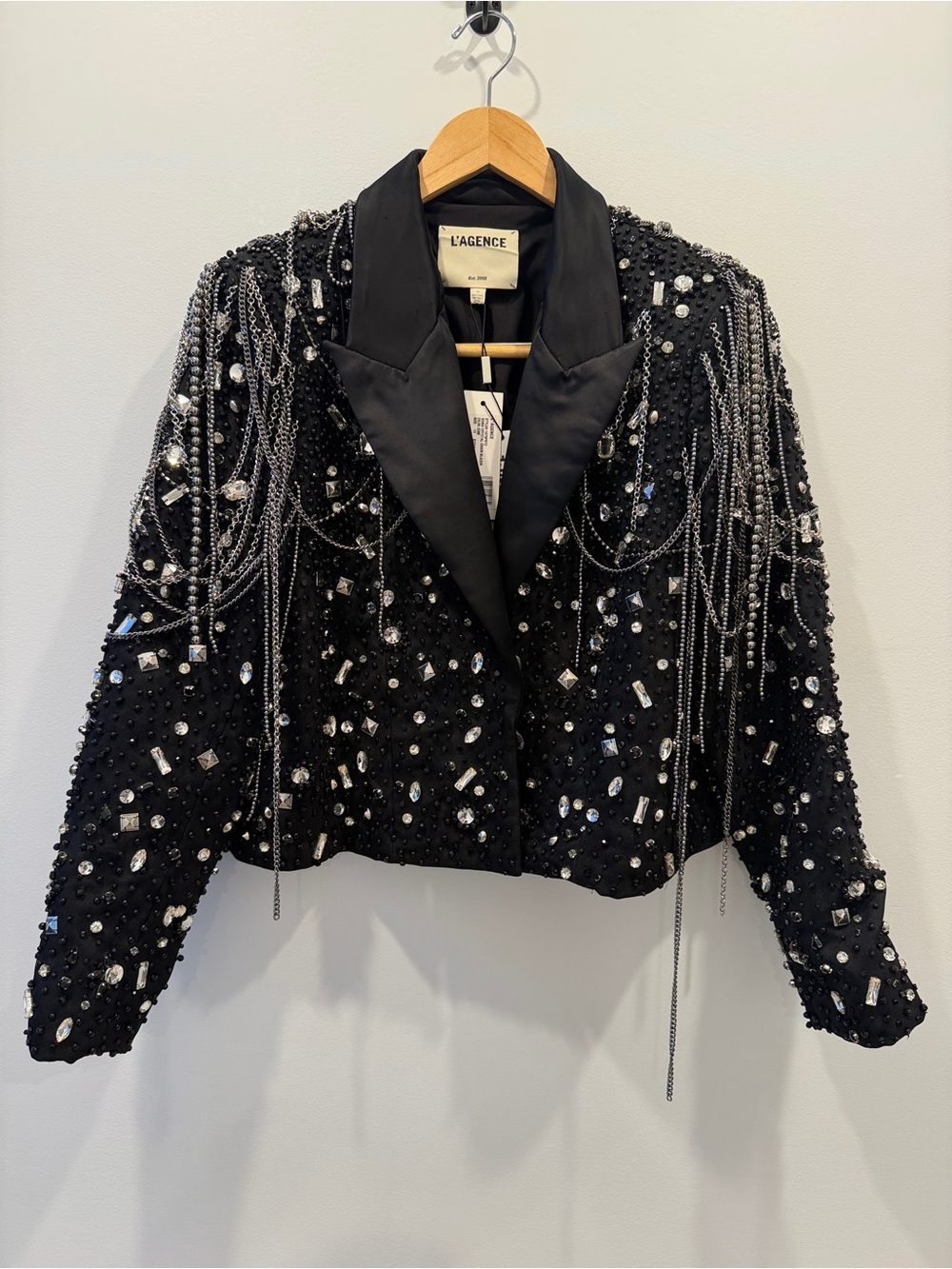 L'AGENCE Black Embellished Chain-Trim Cropped Blazer